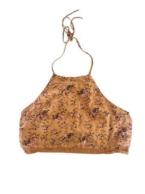 AMERICAN EAGLE Floral Yellow Linen Blend Eyelet Cropped Halter Top Size M